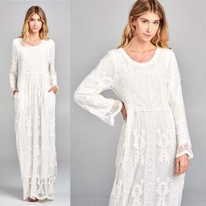 Boho Chic White Lace Maxi Dress Pocket Long Sleeve